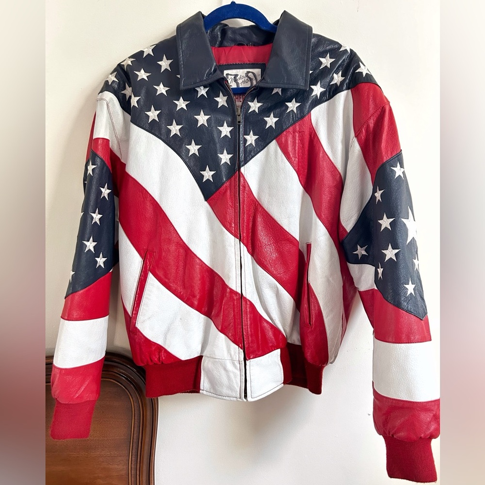 Vintage 90s Michael Hoban American Flag Leather Bomber